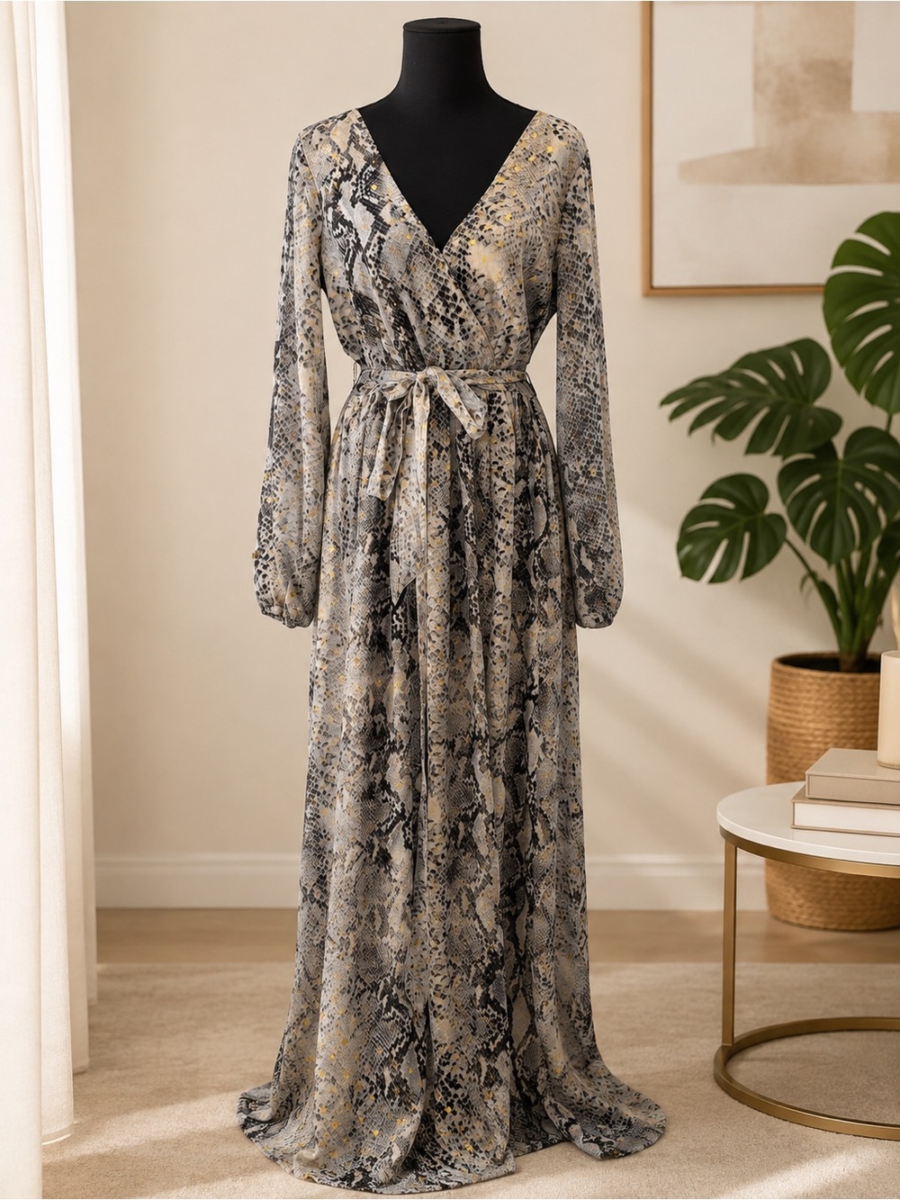 Soieblu Snake-Print V-Neck Maxi Dress in Gray and Cream